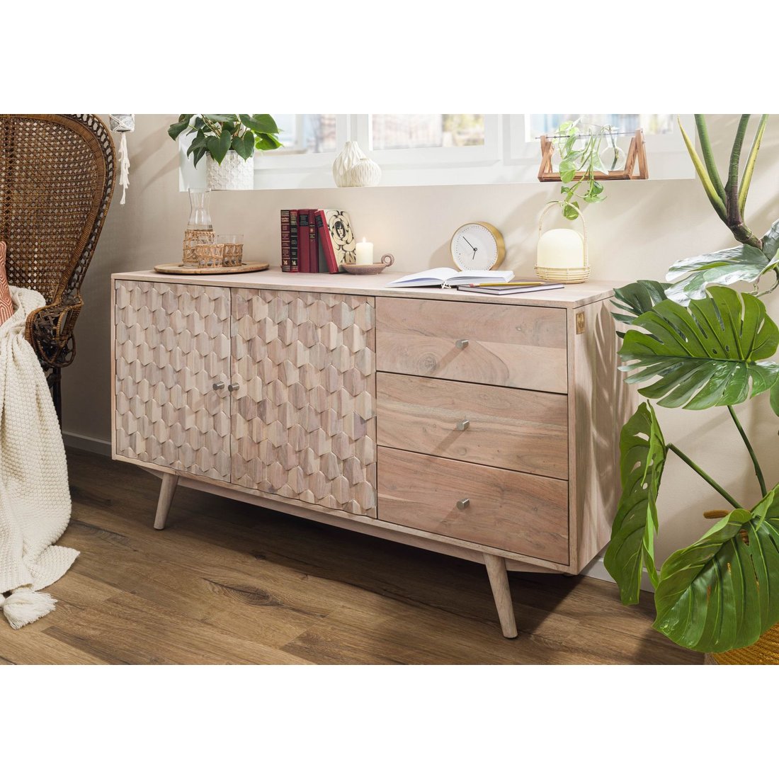 Sideboard Akazie 145x42x75 weiß lackiert MOSAYK #206 Massivmöbel24 Sideboard Akazie weiß lackiert MOSAYK