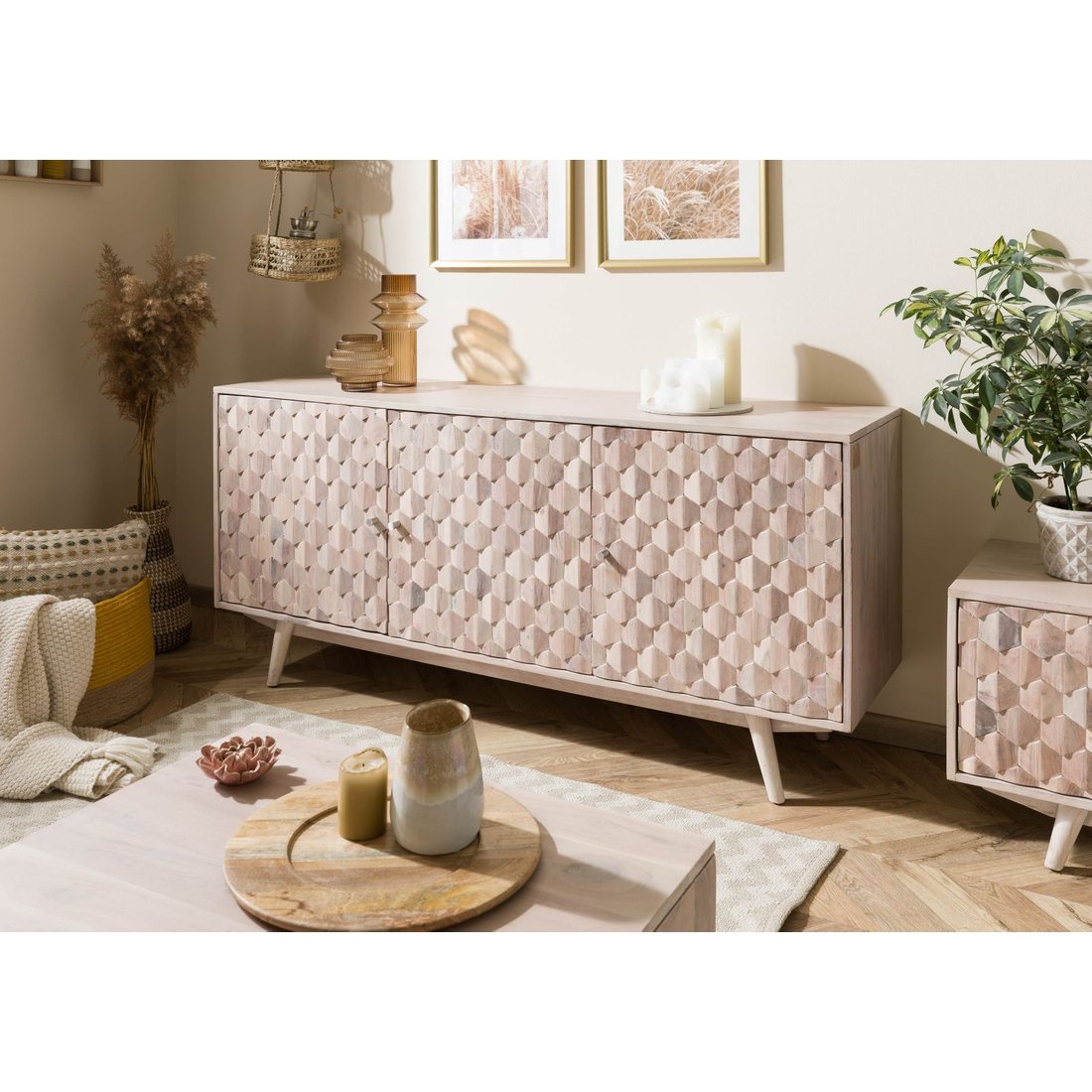 Sideboard Akazie 160x42x75 weiß lackiert MOSAYK #210 Massivmöbel24 Sideboard Akazie weiß lackiert MOSAYK