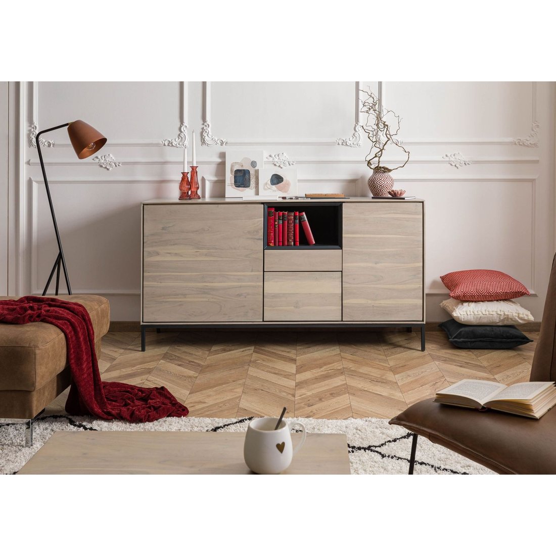 Sideboard Akazie 160x45x85 grau-weiß geölt CHICAGO #04 Massivmöbel24 Sideboard Akazie grau-weiß geölt CHICAGO