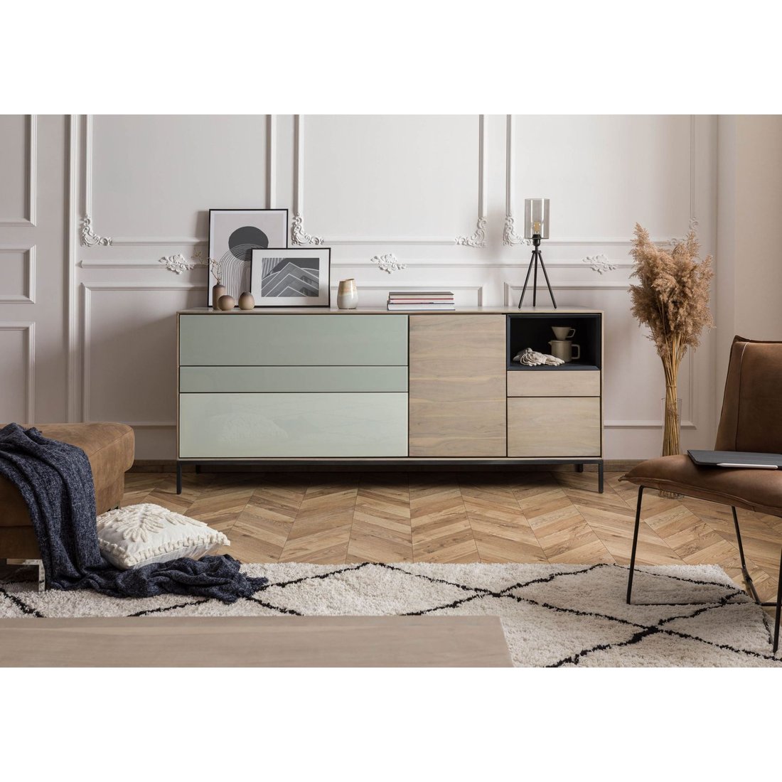 Sideboard Akazie 200x45x85 grau-weiß geölt CHICAGO #05 Massivmöbel24 Sideboard Akazie grau-weiß geölt CHICAGO