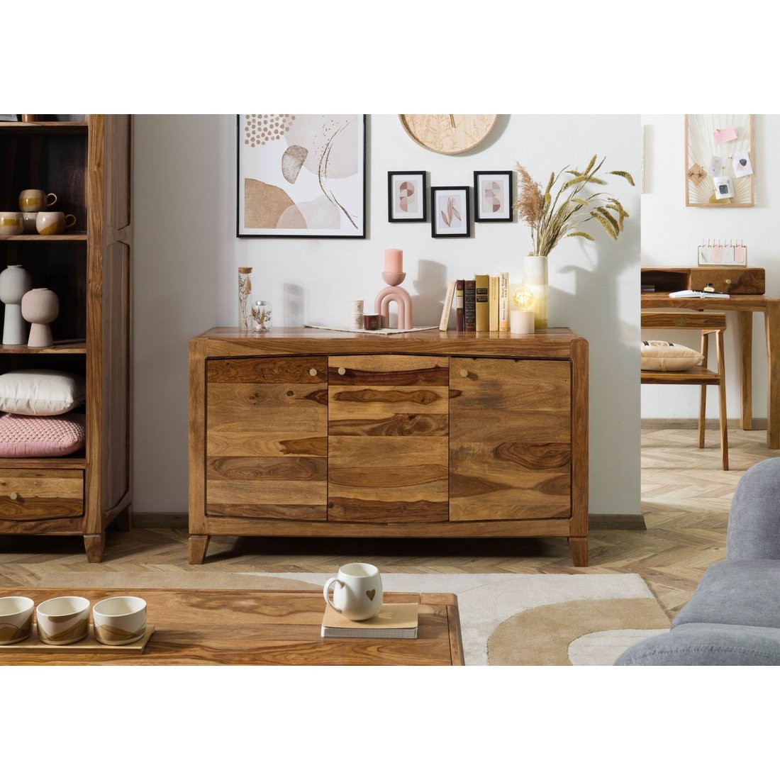Sideboard Sheesham 140x45x80 braun lackiert ANCONA #121 Massivmöbel24 Sideboard Sheesham braun lackiert ANCONA