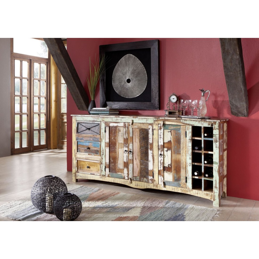 Sideboard Altholz 193x45x90 mehrfarbig lackiert NATURE OF SPIRIT #15 Massivmöbel24 Sideboard Altholz mehrfarbig lackiert NATURE OF SPIRIT