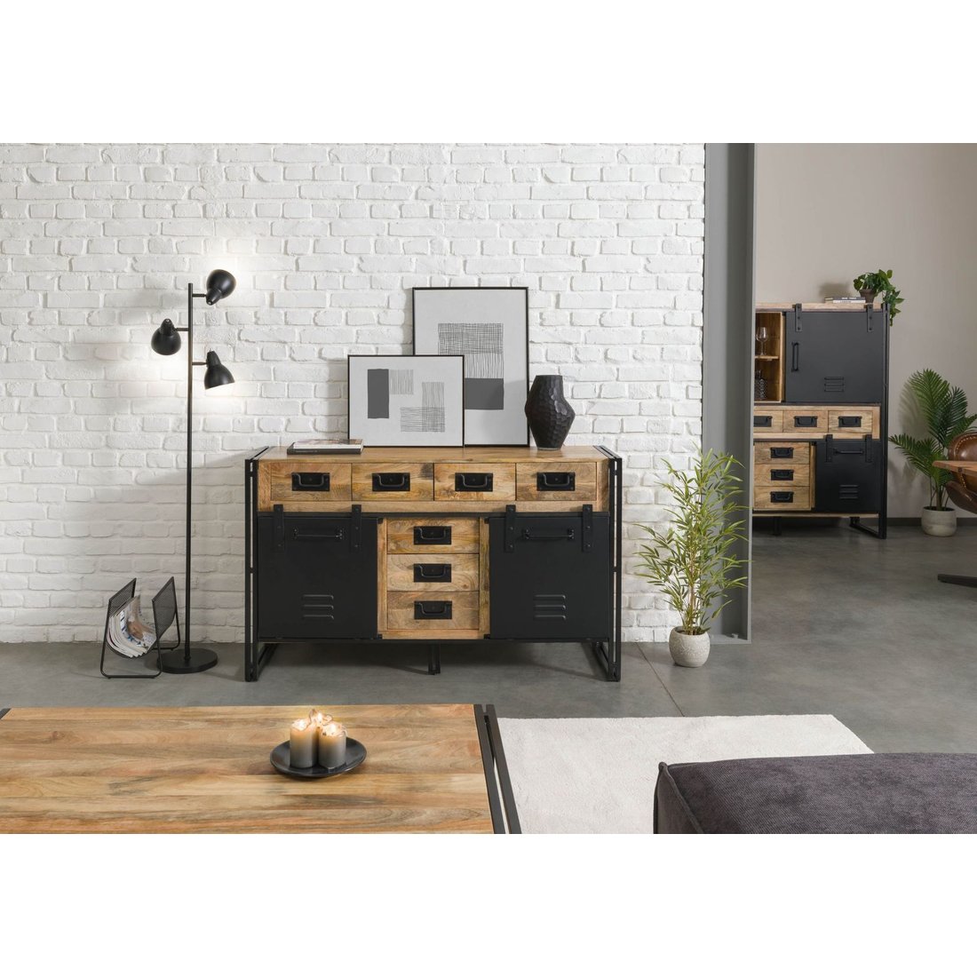 Sideboard Mango 150x45x90 natur klar lackiert / Metall schwarz BLACKBURN #110 Massivmöbel24 Sideboard Mango natur klar lackiert / Metall schwarz BLACKBURN