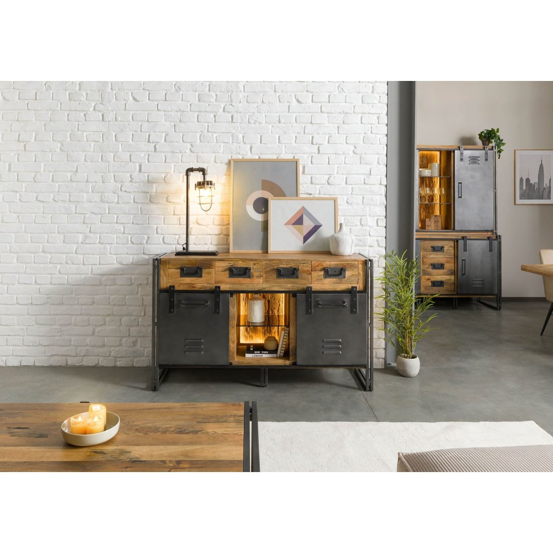 Sideboard Mango / Altholz 150x45x90 natur / grau lackiert / Metall grau BLACKBURN LUX #410 Massivmöbel24 Sideboard Mango / Altholz natur / grau lackiert / Metall grau BLACKBURN LUX