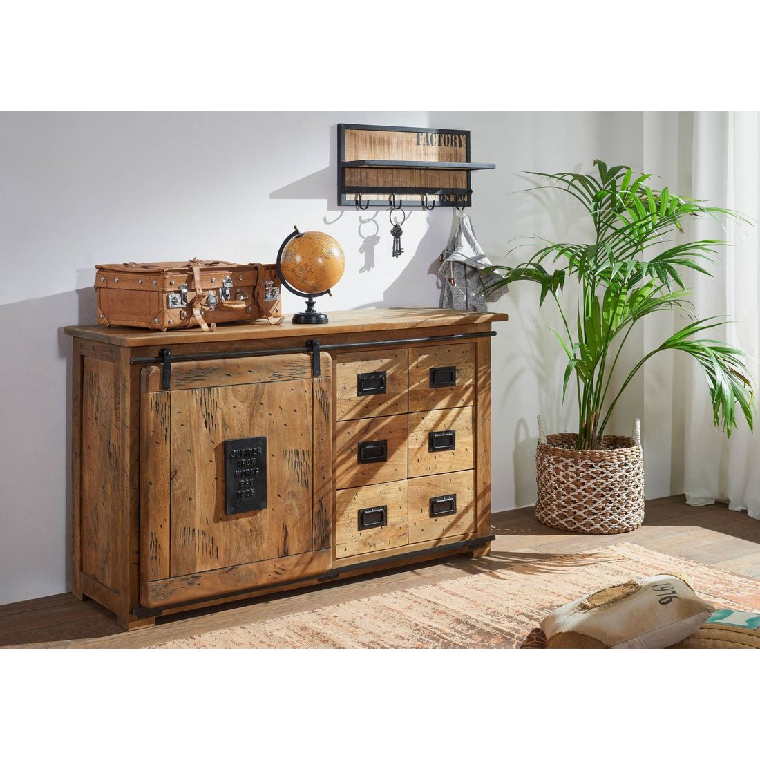 Sideboard Mango 140x45x85 natur lackiert RAILWAY #121 Massivmöbel24 Sideboard Mango natur lackiert RAILWAY