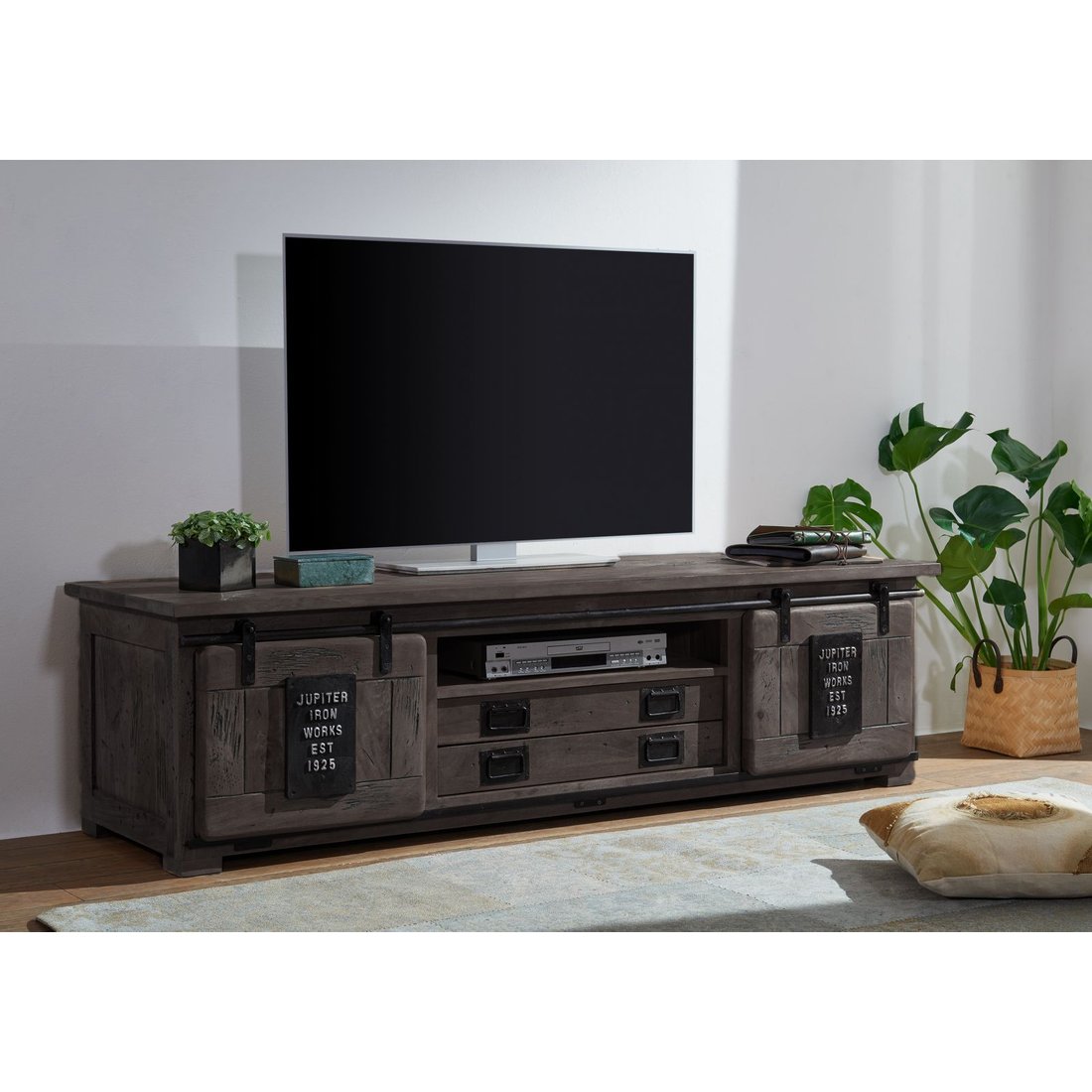 TV-Board Mango 180x55x50 grau lackiert RAILWAY #246 Massivmöbel24 TV-Board Mango grau lackiert RAILWAY
