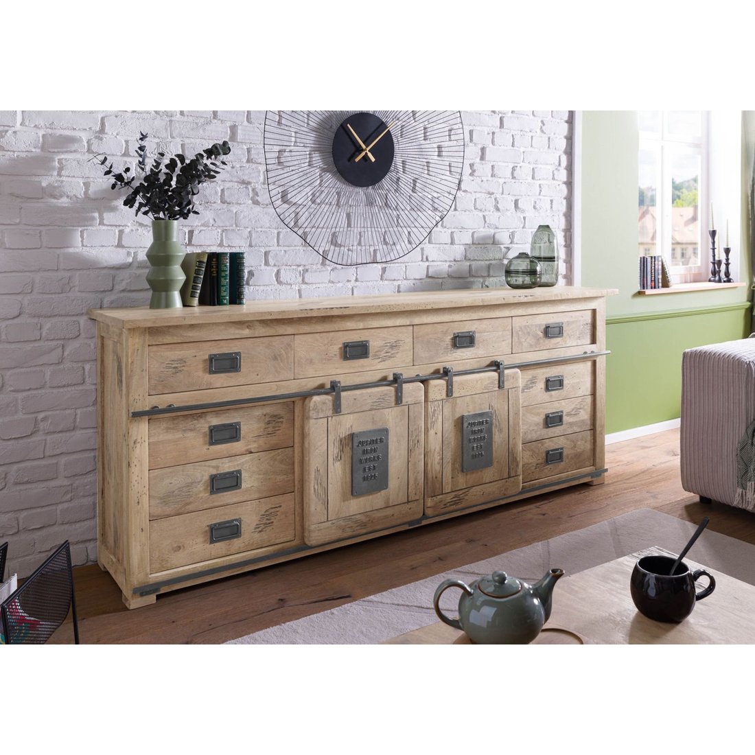 Sideboard Mango 220x45x90 whitewash lackiert RAILWAY #392 Massivmöbel24 Sideboard Mango whitewash lackiert RAILWAY