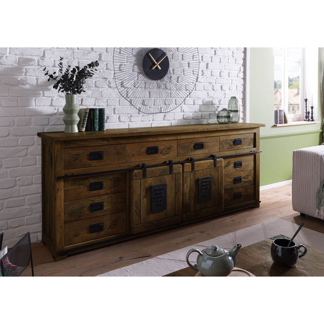 Sideboard Mango 220x45x90 braun lackiert RAILWAY #492 Massivmöbel24 Sideboard Mango braun lackiert RAILWAY