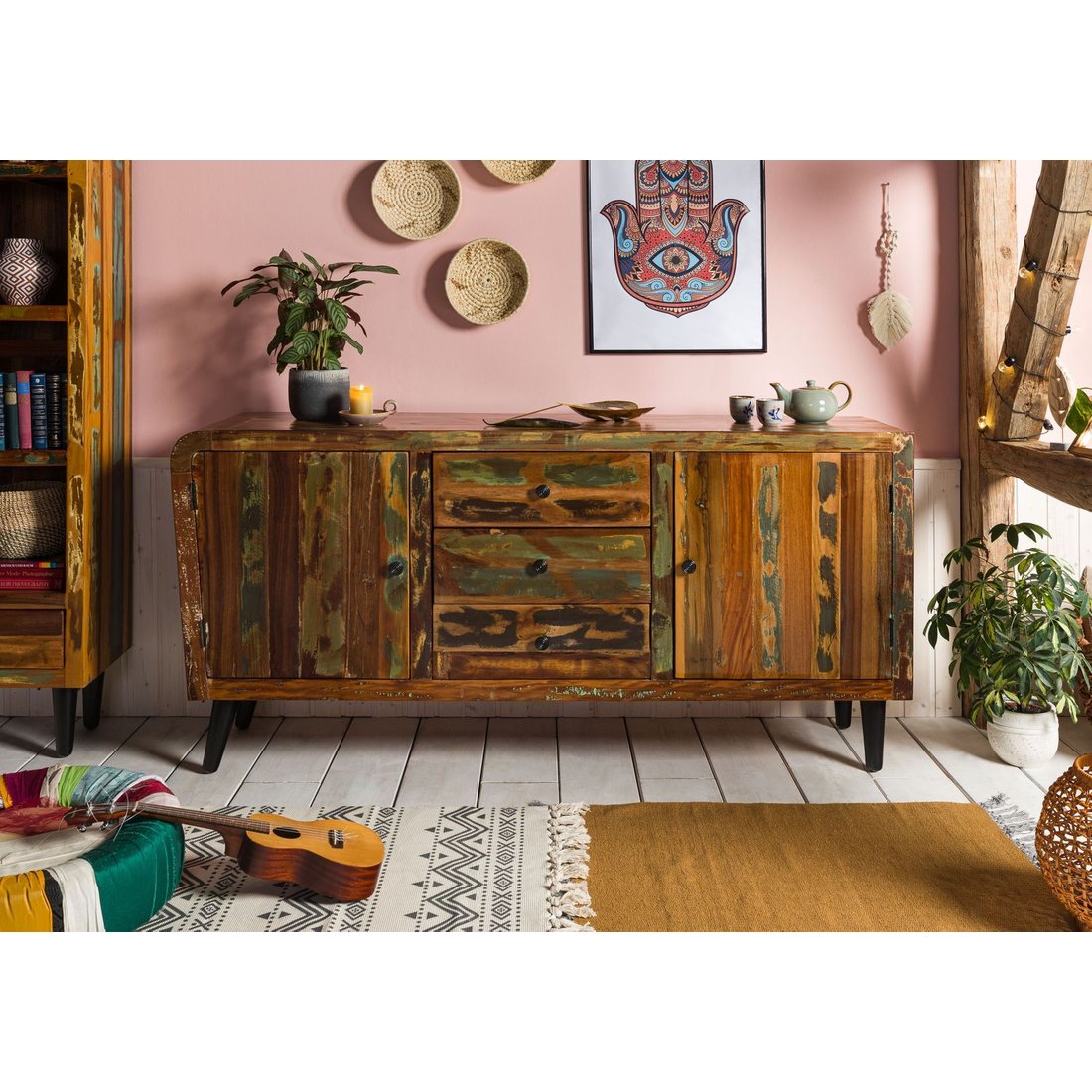 Sideboard Altholz 180x45x86 mehrfarbig lackiert SIXTIES #110 Massivmöbel24 Sideboard Altholz mehrfarbig lackiert SIXTIES