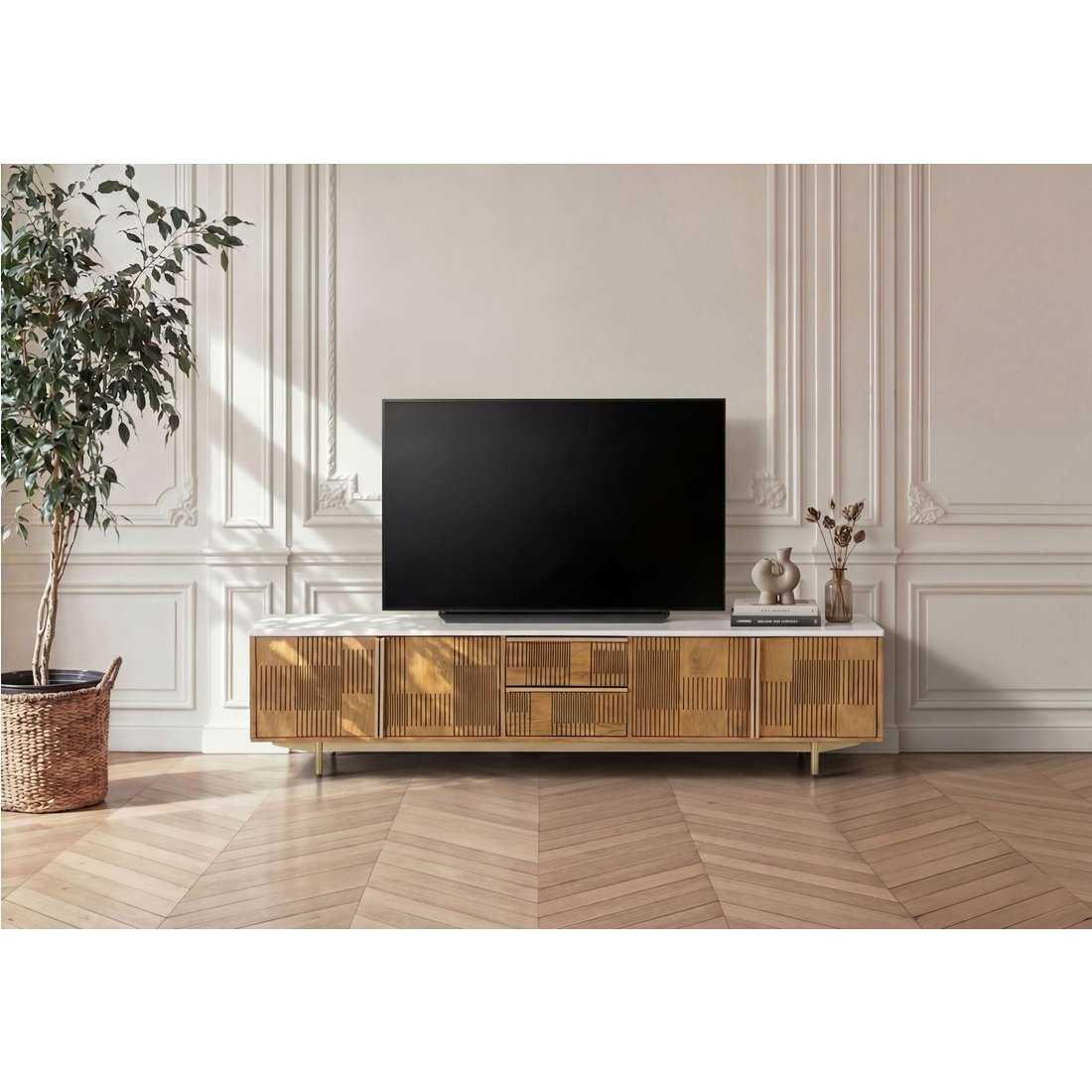 TV-Board Mango 200x40x50 hellbraun geölt / Marmor weiß MIAMI #105 Massivmöbel24 TV-Board Mango hellbraun geölt / Marmor weiß MIAMI