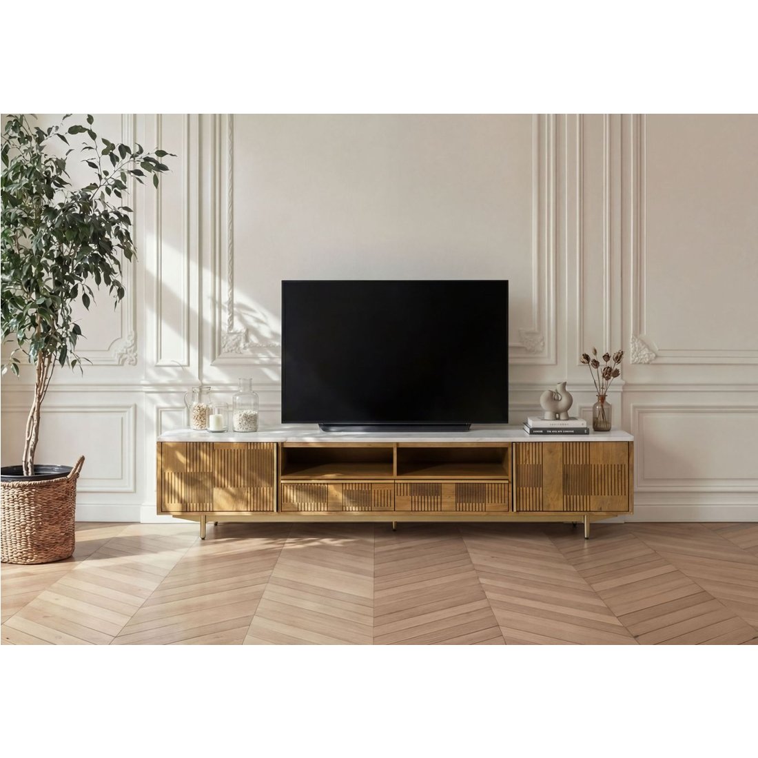 TV-Board Mango 220x40x50 hellbraun geölt / Marmor weiß MIAMI #106 Massivmöbel24 TV-Board Mango hellbraun geölt / Marmor weiß MIAMI