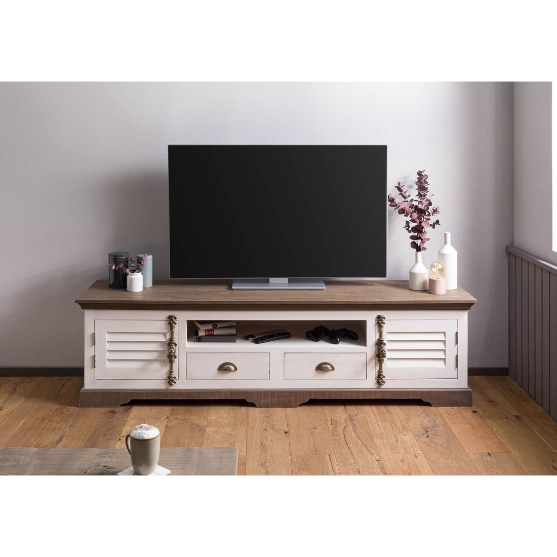TV-Board Mango 200x45x55 weiß lackiert TOULOUSE #110 Massivmöbel24 TV-Board Mango weiß lackiert TOULOUSE