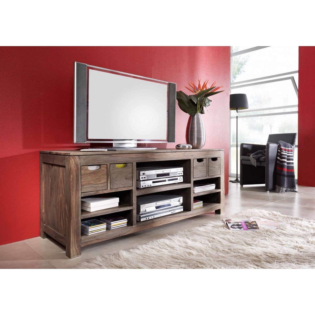TV-Board Sheesham 148x50x62 grau geölt NATURE GREY #40 Massivmöbel24 TV-Board Sheesham grau geölt NATURE GREY
