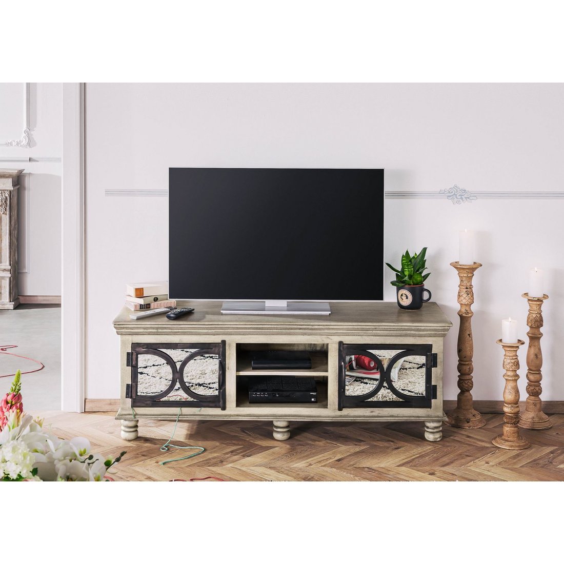 TV-Board Mango 150x45x55 grau lackiert HERMITAGE #011 Massivmöbel24 TV-Board Mango grau lackiert HERMITAGE