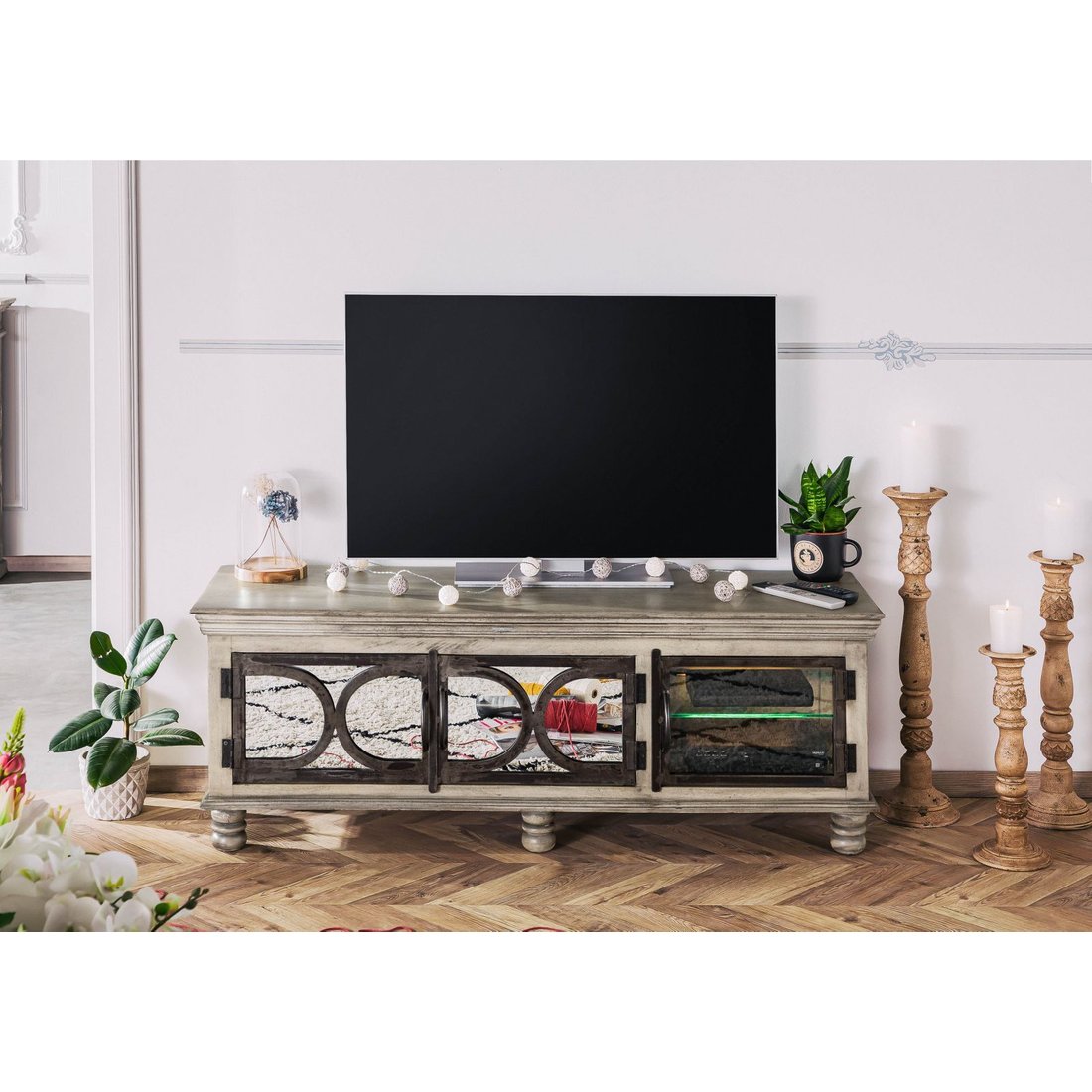 TV-Board Mango 150x45x55 grau lackiert HERMITAGE #012 Massivmöbel24 TV-Board Mango grau lackiert HERMITAGE