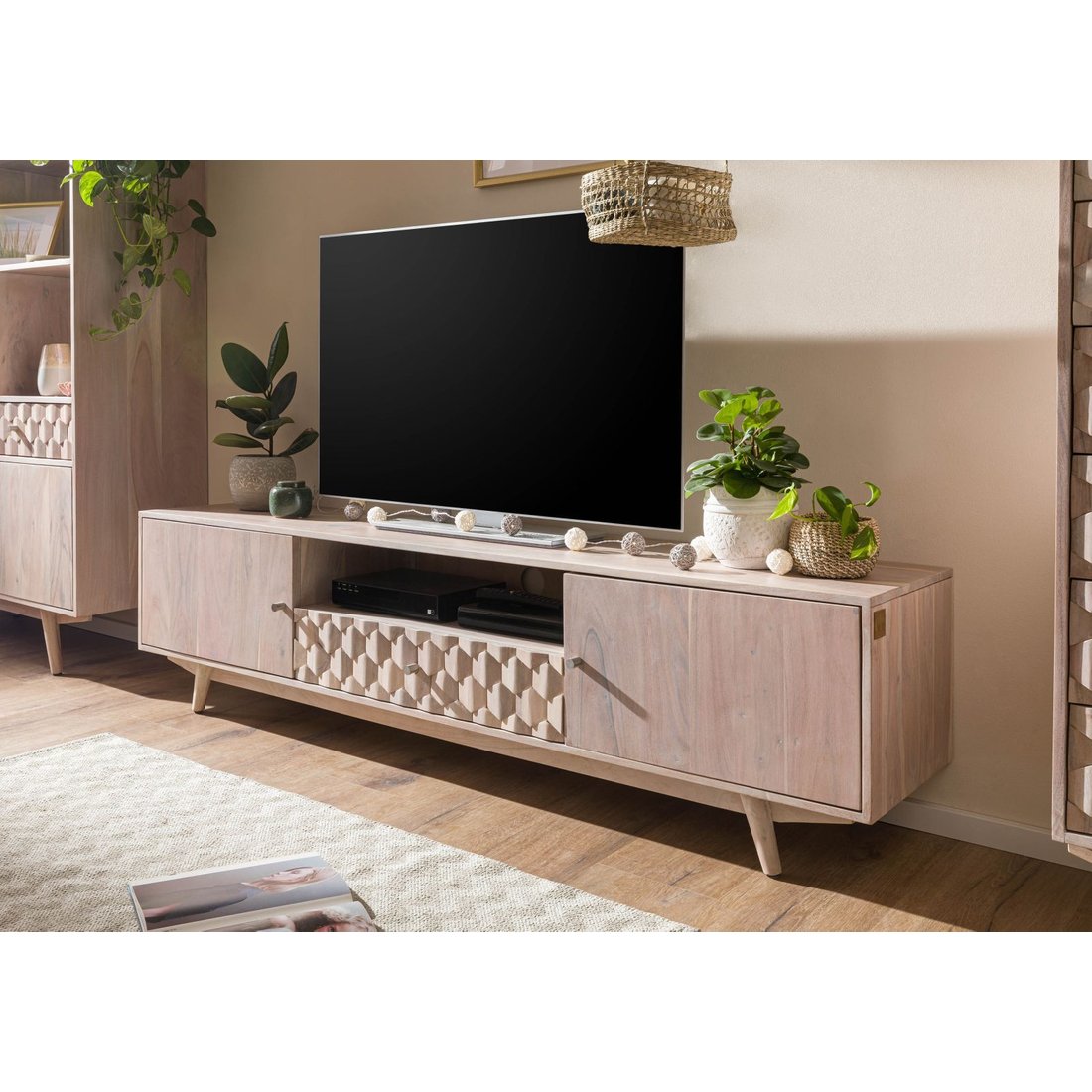 TV-Board 188x40x48 Akazie weiß lackiert MOSAYK #205 Massivmöbel24 TV-Board Akazie weiß lackiert MOSAYK