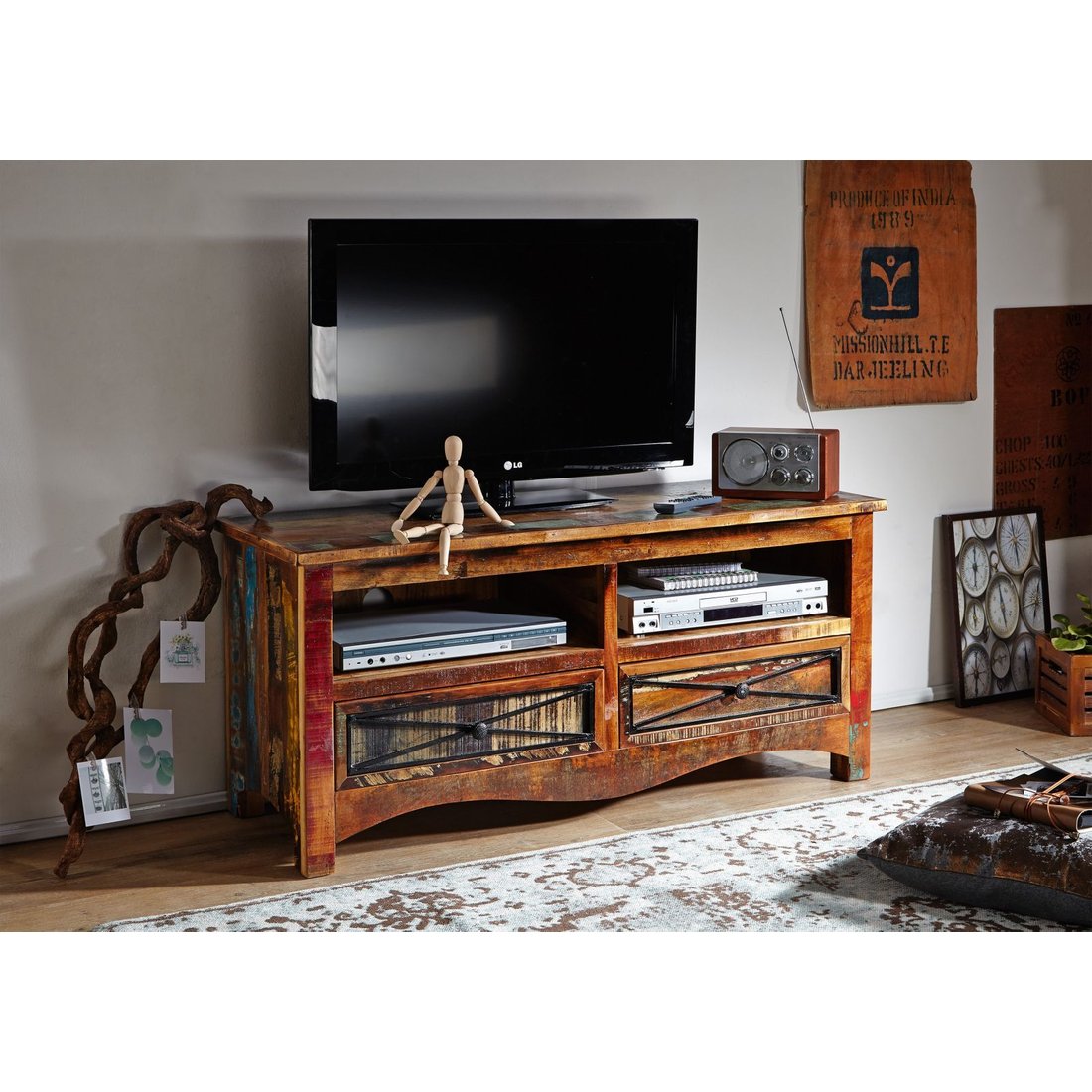 TV-Board Altholz 121x45x56 mehrfarbig lackiert NATURE OF SPIRIT #114 Massivmöbel24 TV-Board Altholz mehrfarbig lackiert NATURE OF SPIRIT