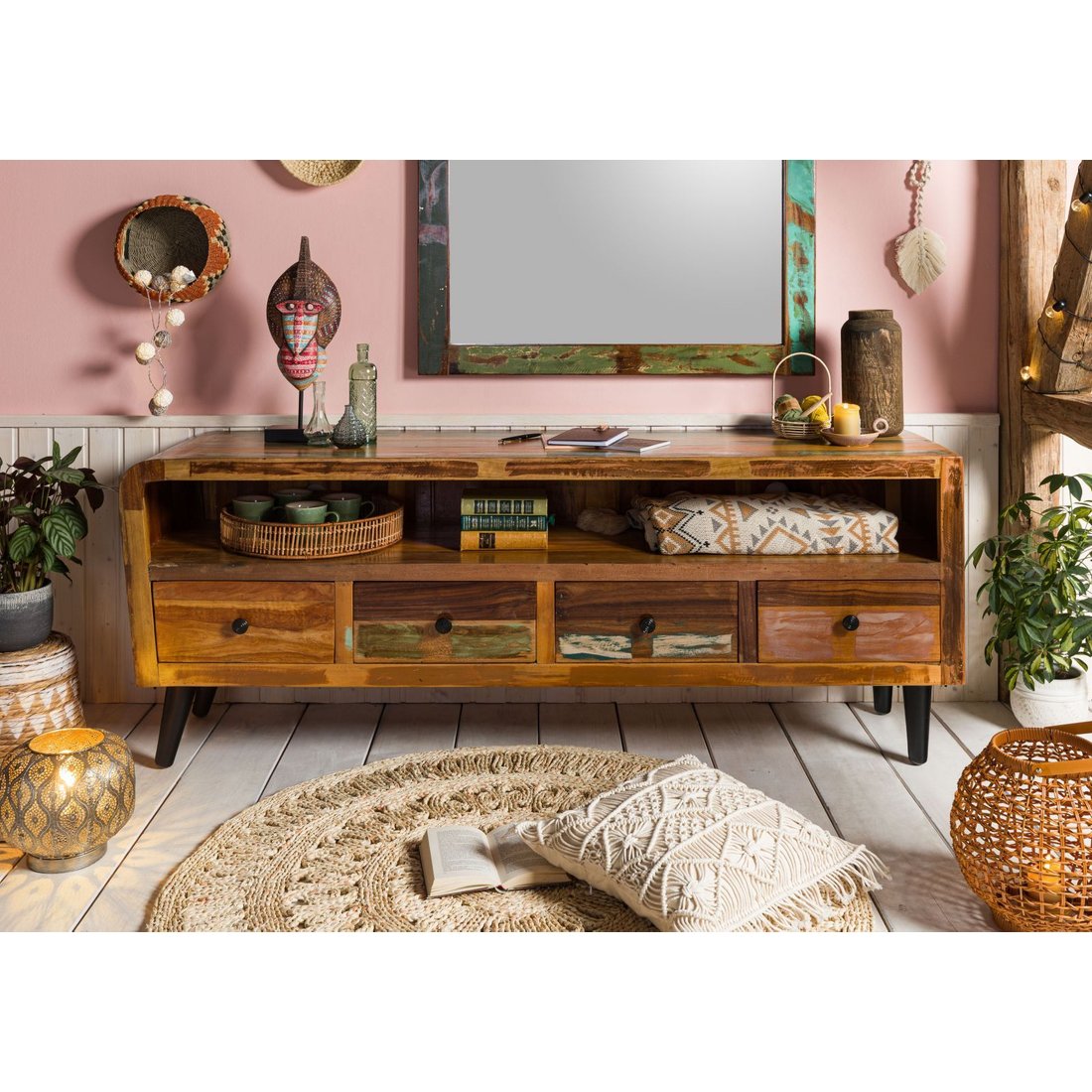 TV-Board Altholz 180x45x70 mehrfarbig lackiert SIXTIES #119 Massivmöbel24 TV-Board Altholz mehrfarbig lackiert SIXTIES