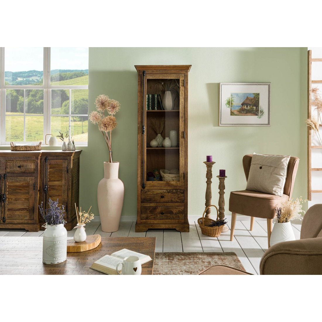 Massivmöbel24 Vitrine Mango dunkelbraun geölt RODEZ