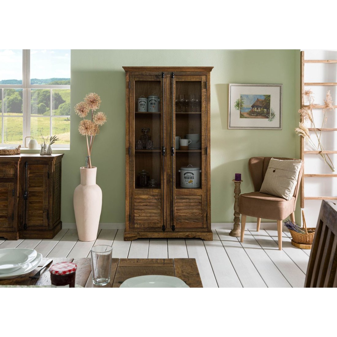 Massivmöbel24 Vitrine Mango dunkelbraun geölt RODEZ