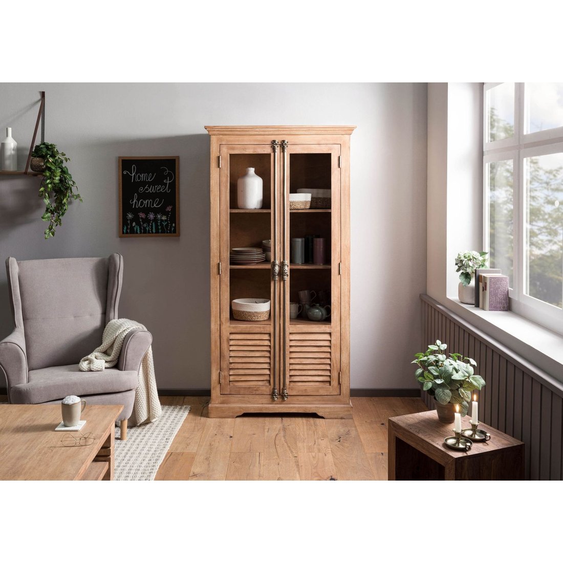 Massivmöbel24 Vitrine Mango beige geölt TOULOUSE