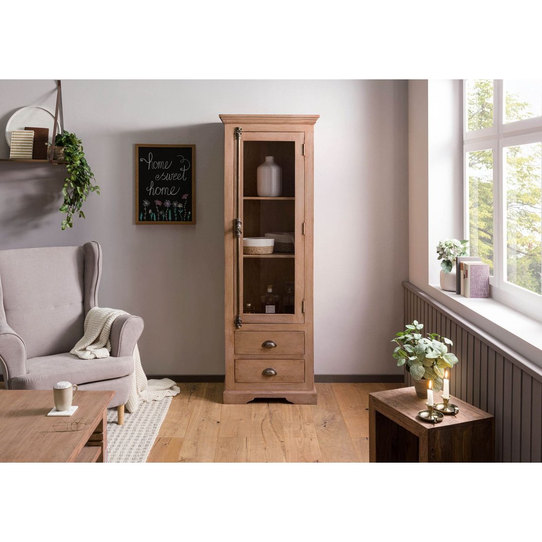 Vitrine Mango 65x45x190 beige geölt TOULOUSE #02 Massivmöbel24 Vitrine Mango beige geölt TOULOUSE