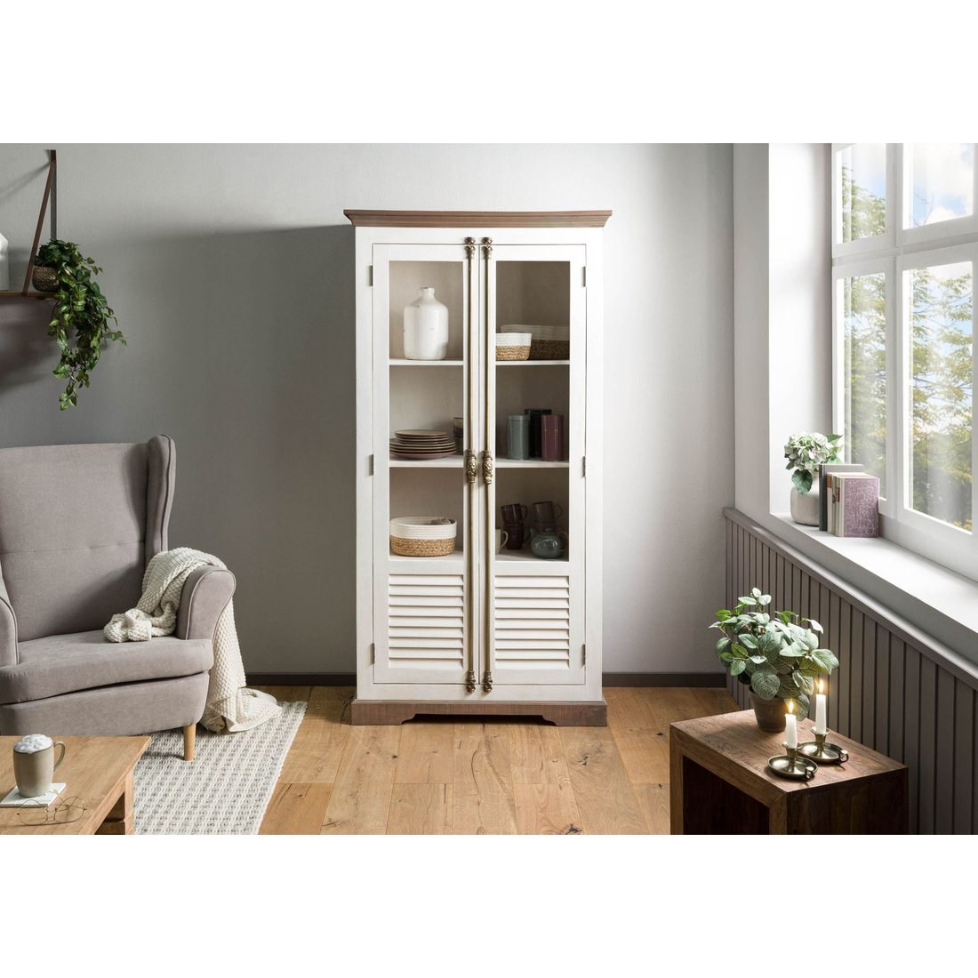 Vitrine Mango 97x45x190 weiß lackiert TOULOUSE #101 Massivmöbel24 Vitrine Mango weiß lackiert TOULOUSE