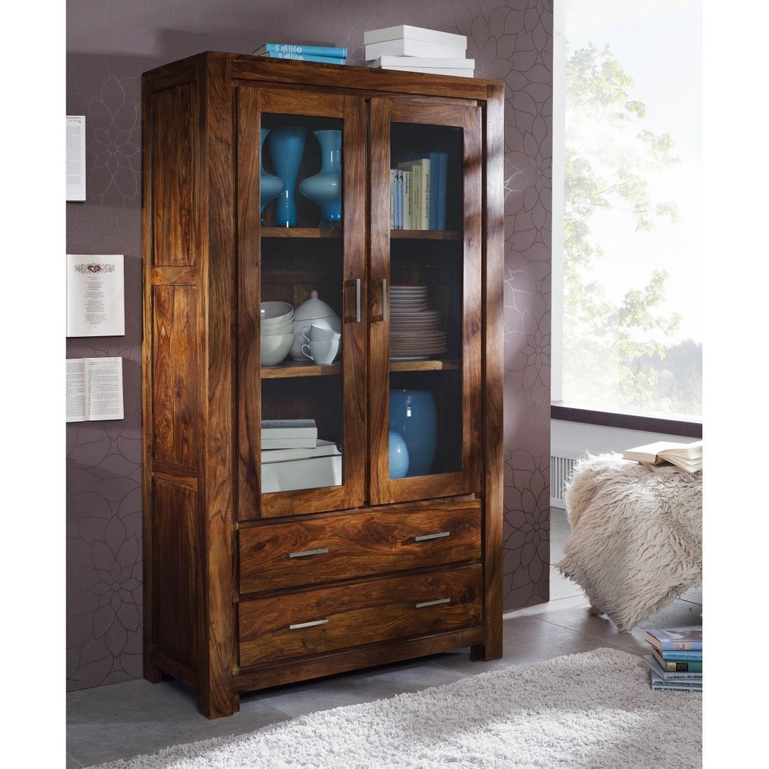 Vitrine Sheesham 100x45x180 braun lackiert METRO LIFE #101 Massivmöbel24 Vitrine Sheesham braun lackiert METRO LIFE