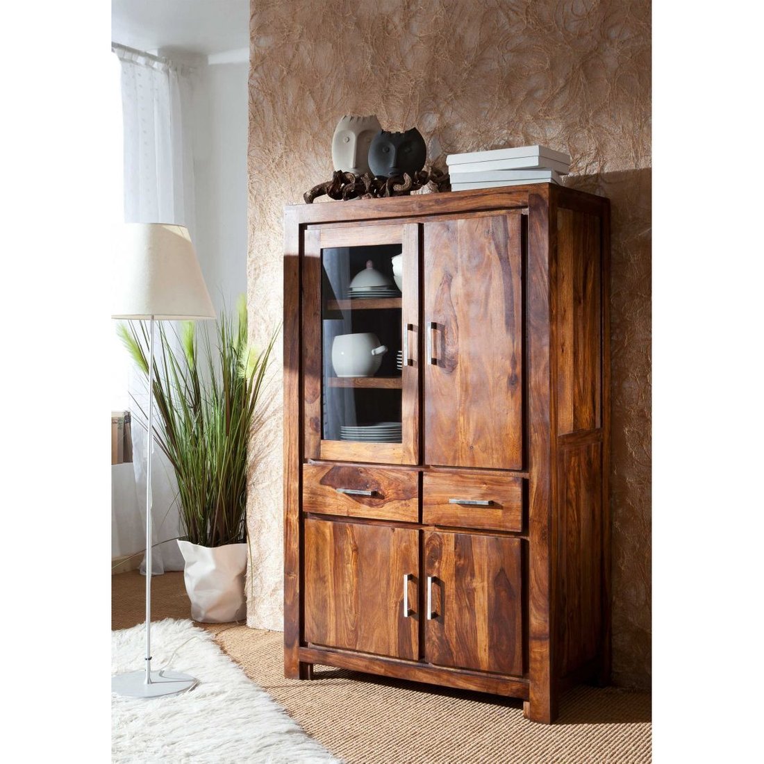 Vitrine Sheesham 90x45x148 braun lackiert METRO LIFE #103 Massivmöbel24 Vitrine Sheesham braun lackiert METRO LIFE