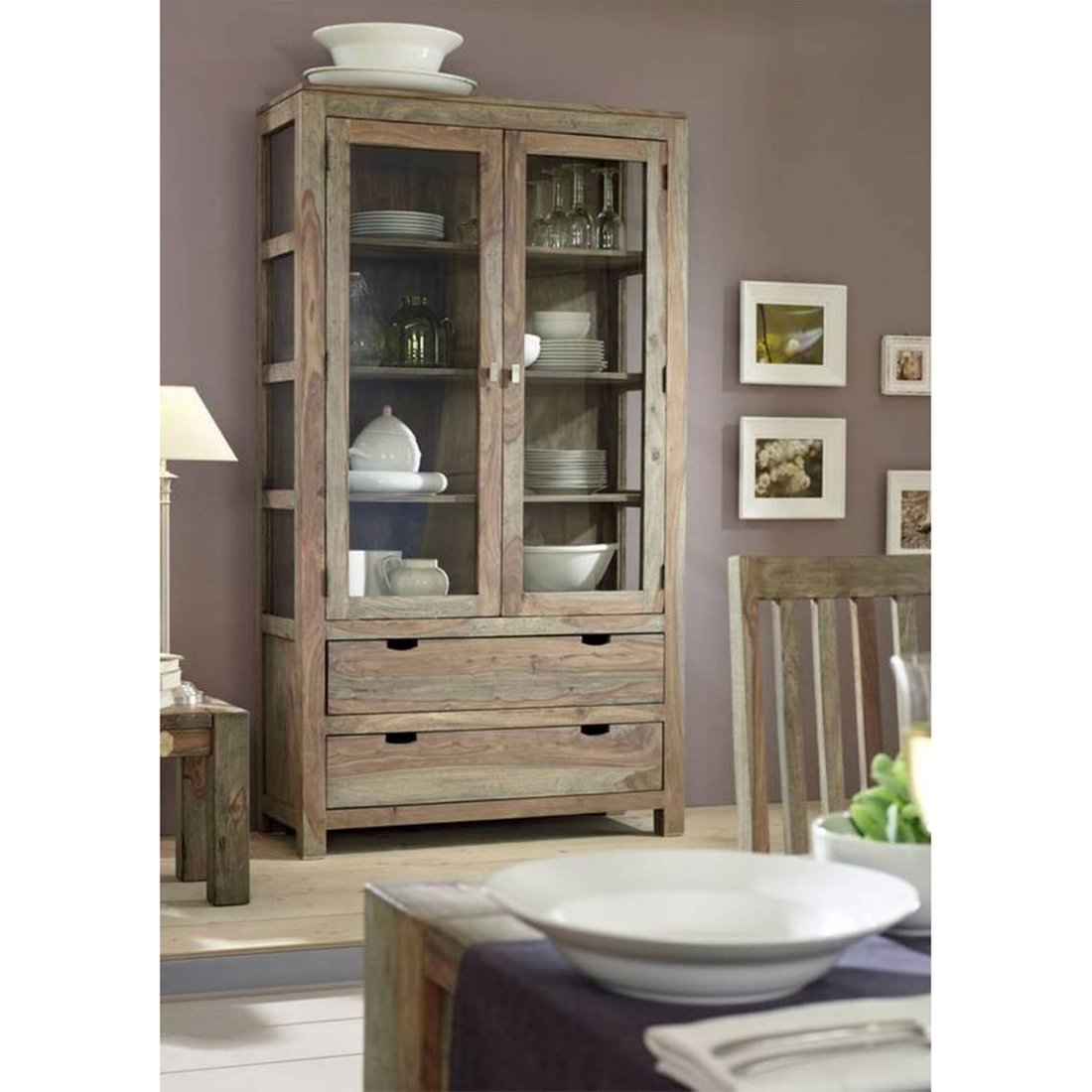 Vitrine Sheesham 110x45x200 grau geölt NATURE GREY #65 Massivmöbel24 Vitrine Sheesham grau geölt NATURE GREY