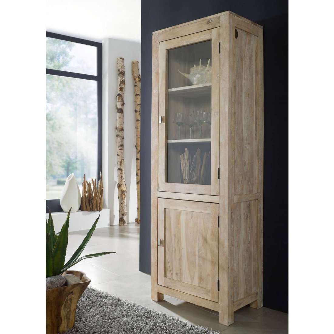 Vitrine Akazie 65x42x190 white stone getüncht NATURE WHITE #53 Massivmöbel24 Vitrine Akazie white stone getüncht NATURE WHITE