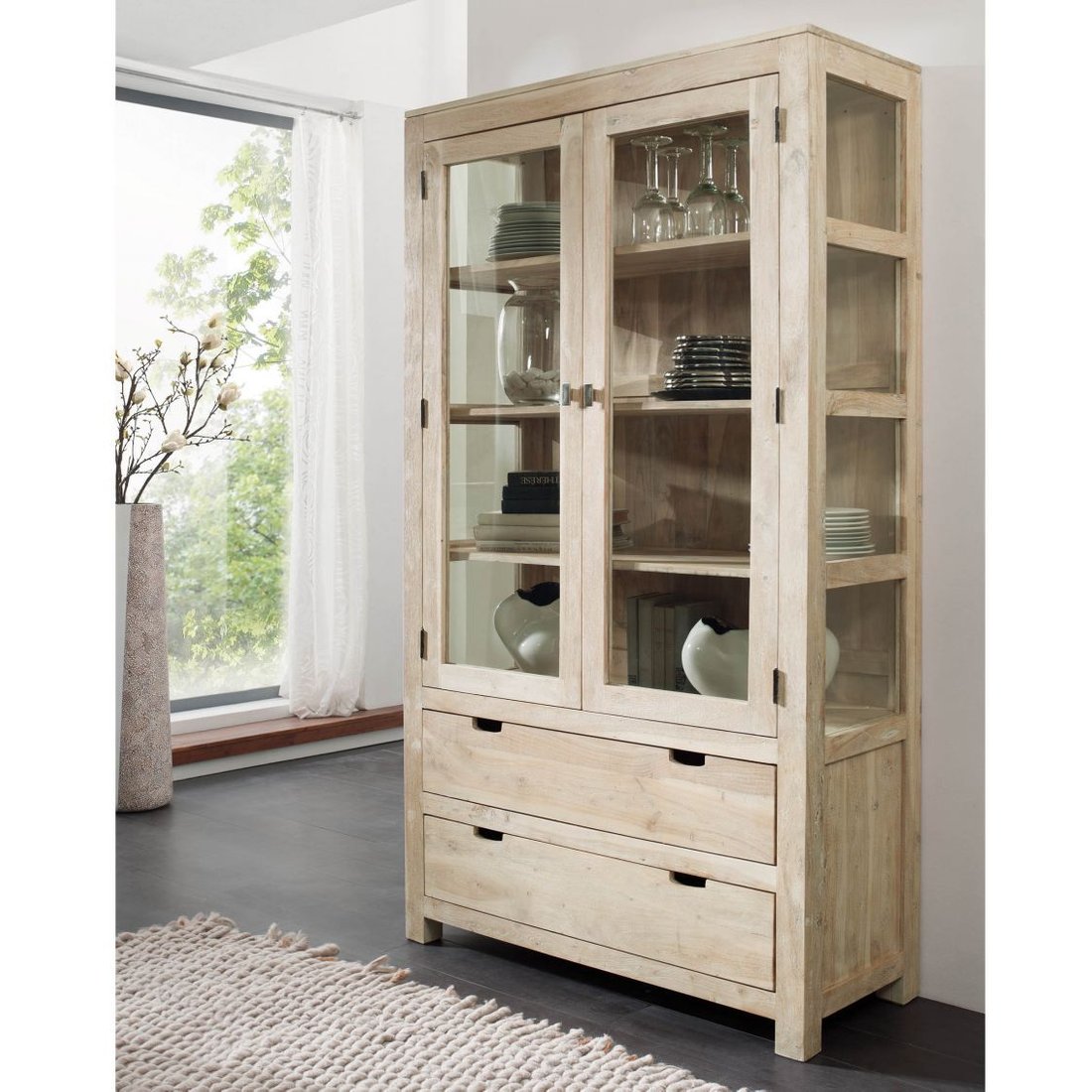 Vitrine Akazie 110x45x200 white stone getüncht NATURE WHITE #65 Massivmöbel24 Vitrine Akazie white stone getüncht NATURE WHITE