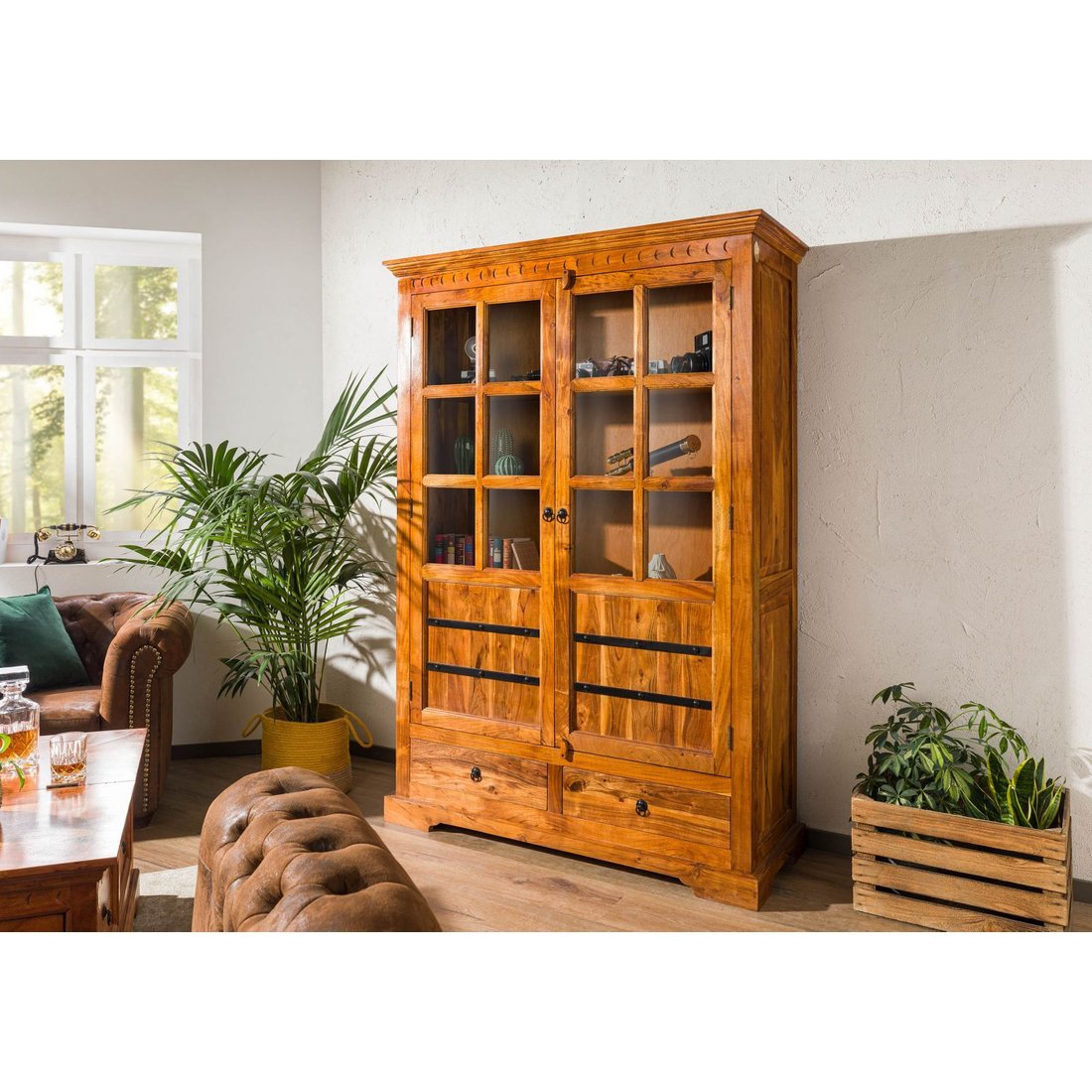 Vitrine Akazie 134x50x196 honig lackiert OXFORD #0456 Massivmöbel24 Vitrine Akazie honig lackiert OXFORD