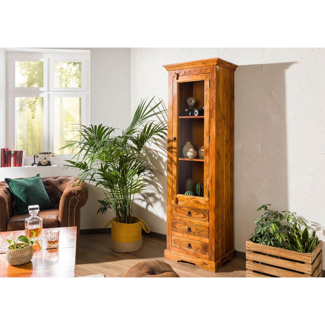 Vitrine Akazie 60x44x190 honig lackiert OXFORD #0528 Massivmöbel24 Vitrine Akazie honig lackiert OXFORD