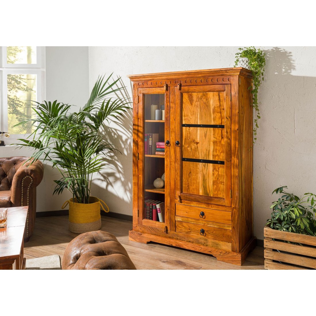 Vitrine Akazie 110x45x155 honig lackiert OXFORD #0425 Massivmöbel24 Vitrine Akazie honig lackiert OXFORD