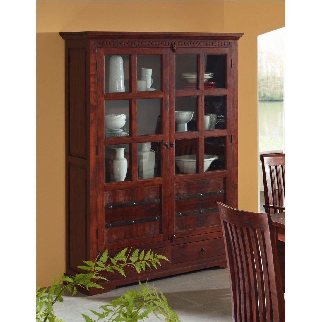 Vitrine Akazie 134x50x196 nougat lackiert OXFORD #456 Massivmöbel24 Vitrine Akazie nougat lackiert OXFORD