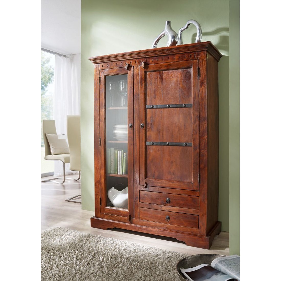 Vitrine Akazie 110x45x155 nougat lackiert OXFORD #425 Massivmöbel24 Vitrine Akazie nougat lackiert OXFORD