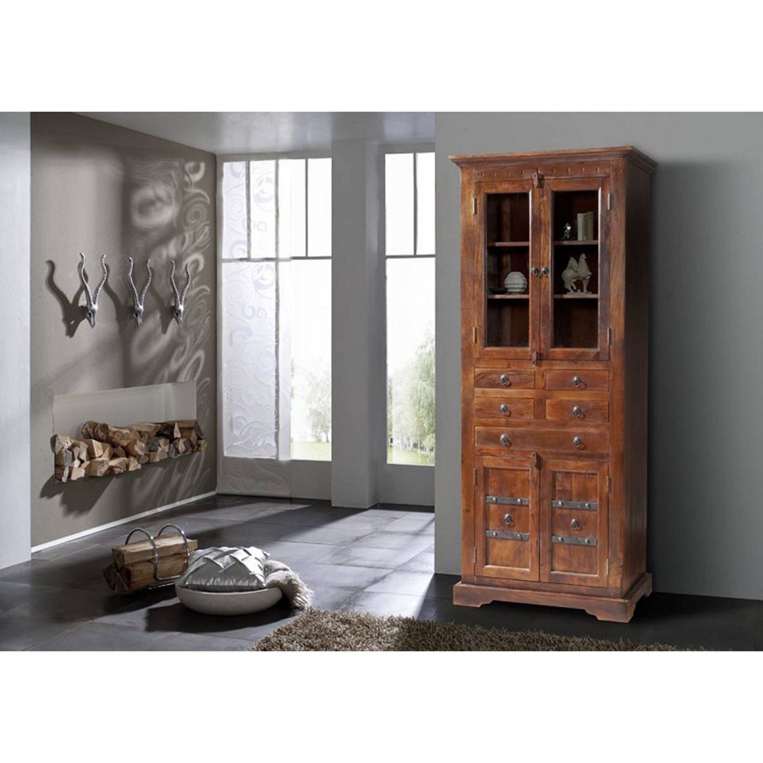 Vitrine Akazie 80x50x195 nougat lackiert OXFORD #454 Massivmöbel24 Vitrine Akazie nougat lackiert OXFORD