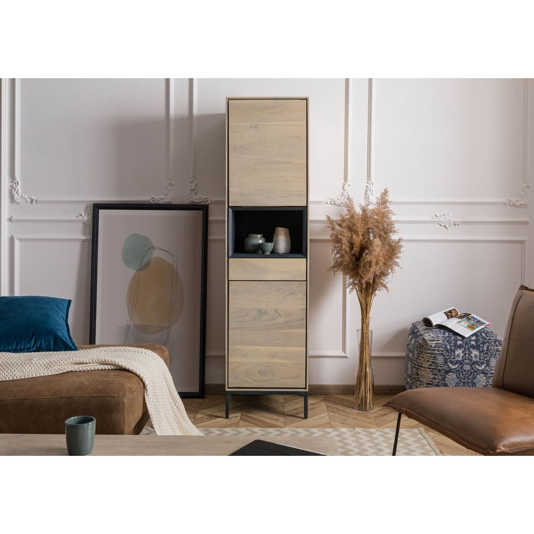 Highboard Akazie 45x45x175 grau-weiß geölt CHICAGO #10 Massivmöbel24 Highboard Akazie grau-weiß geölt CHICAGO