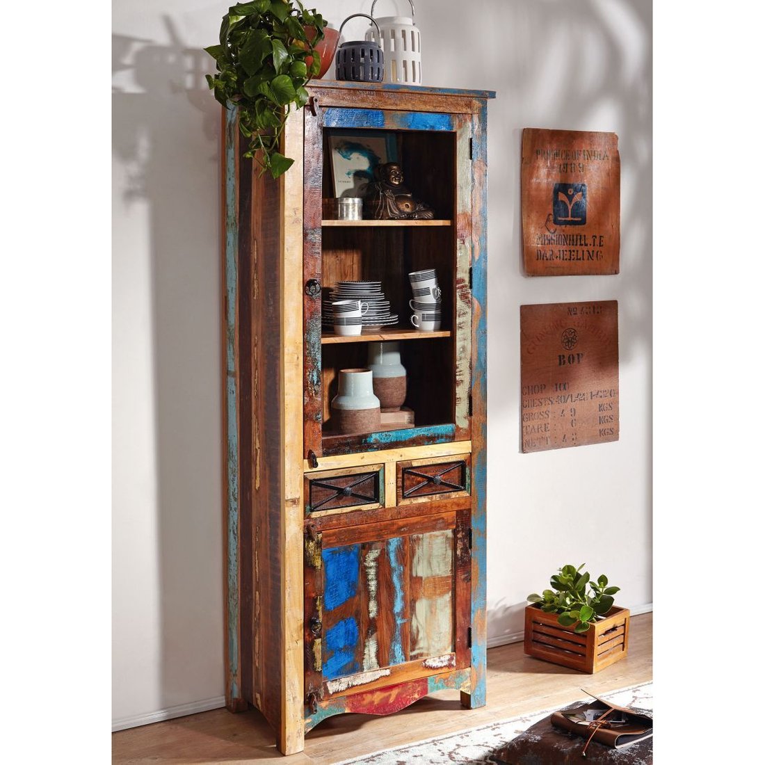 Vitrine Altholz 73x45x200 mehrfarbig lackiert NATURE OF SPIRIT #115 Massivmöbel24 Vitrine Altholz mehrfarbig lackiert NATURE OF SPIRIT