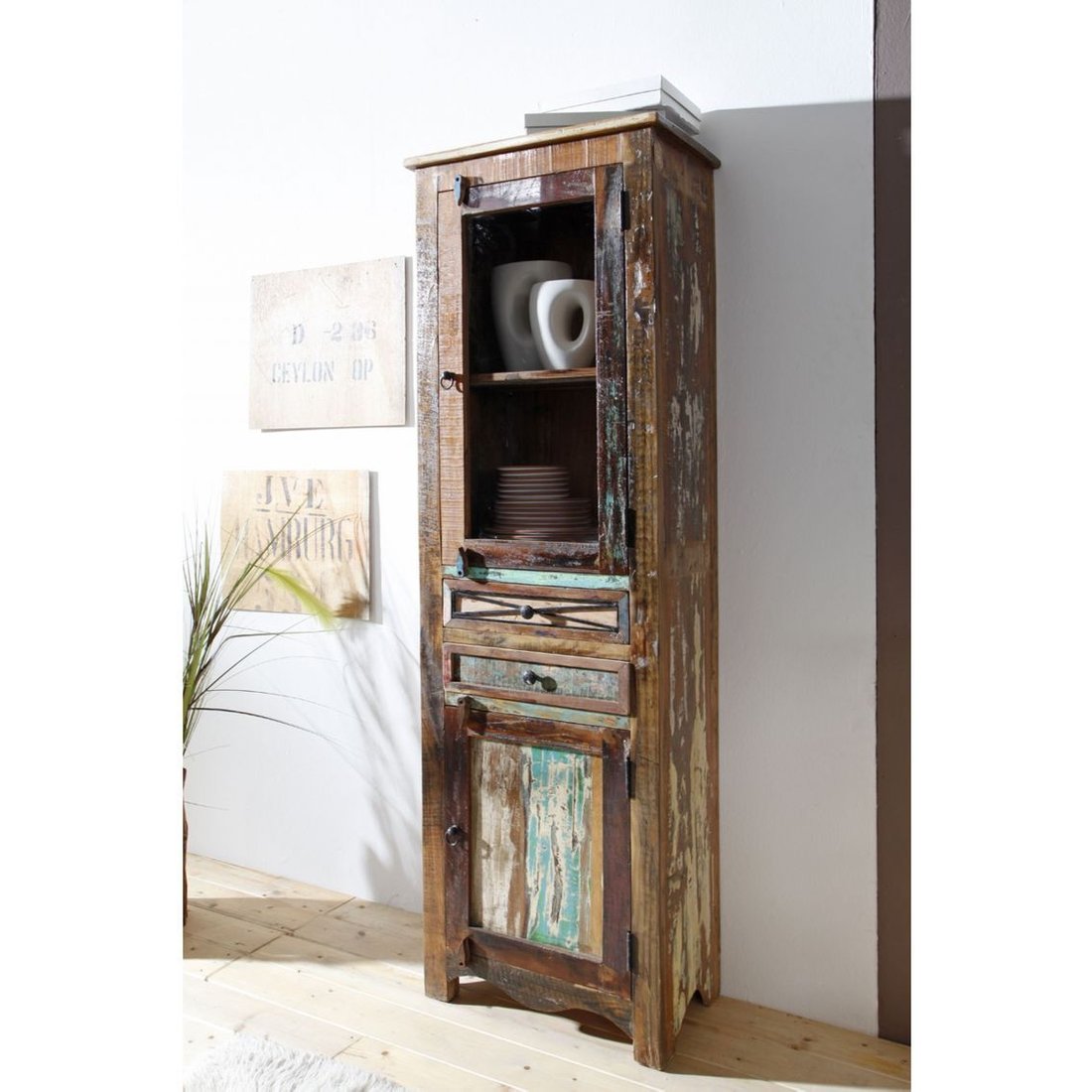 Vitrine Altholz 60x35x190 mehrfarbig lackiert NATURE OF SPIRIT #24 Massivmöbel24 Vitrine Altholz mehrfarbig lackiert NATURE OF SPIRIT