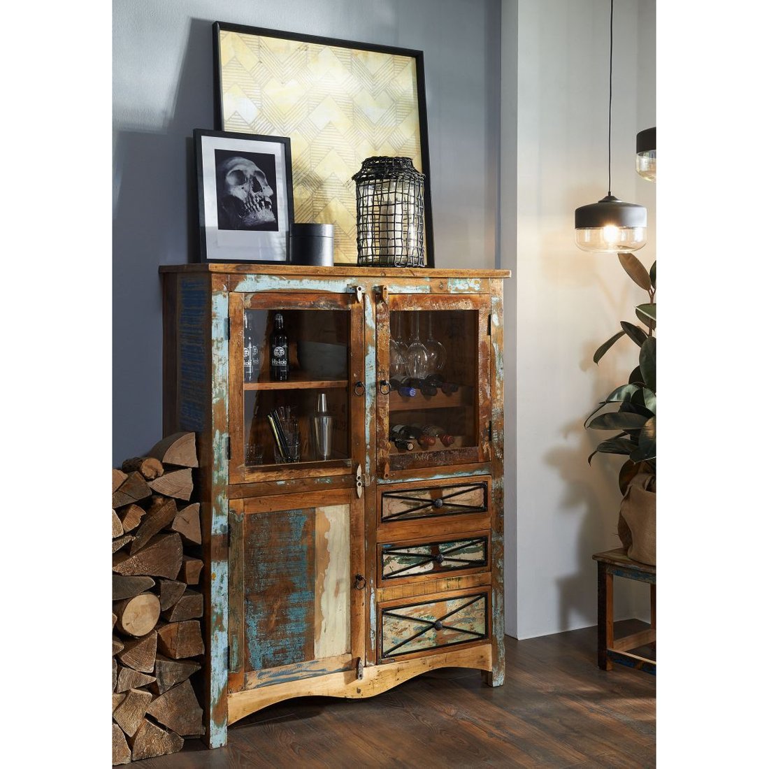 Highboard Altholz 106x45x136 mehrfarbig lackiert NATURE OF SPIRIT #113 Massivmöbel24 Highboard Altholz mehrfarbig lackiert NATURE OF SPIRIT