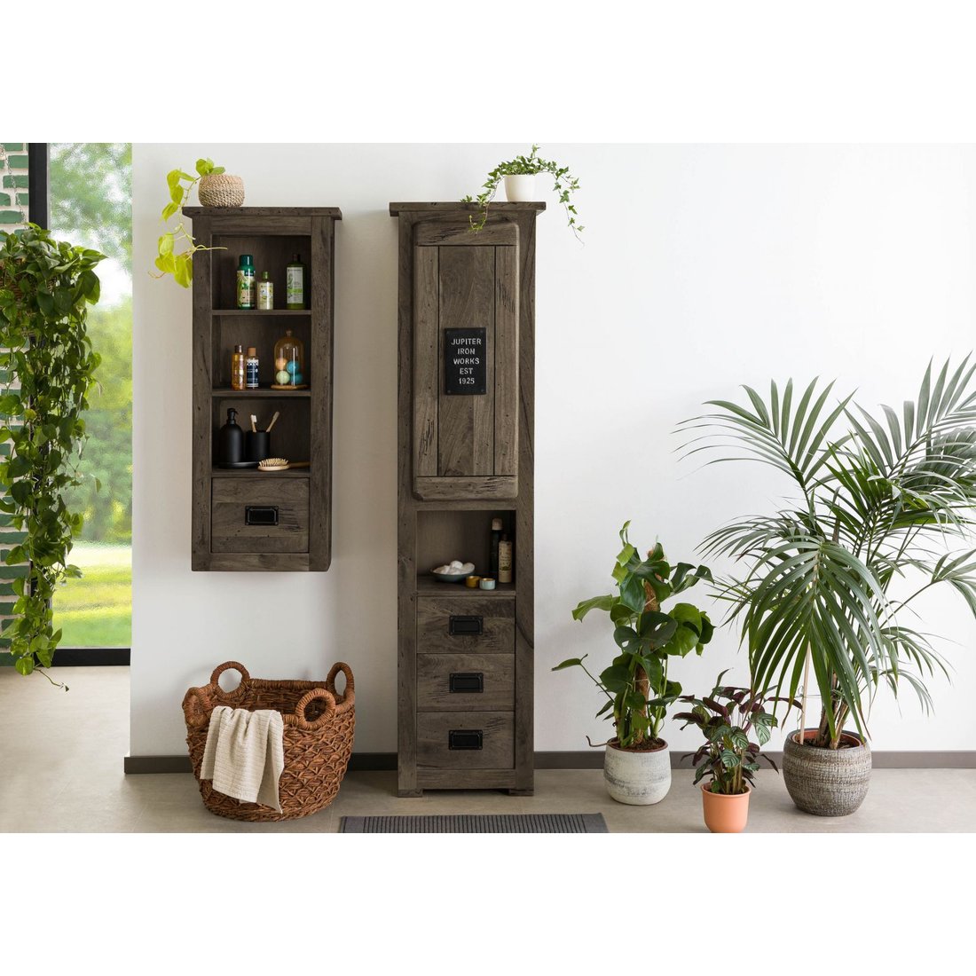 Hochschrank Mango 50x35x195 grau lackiert RAILWAY #279 Massivmöbel24 Hochschrank Mango grau lackiert RAILWAY