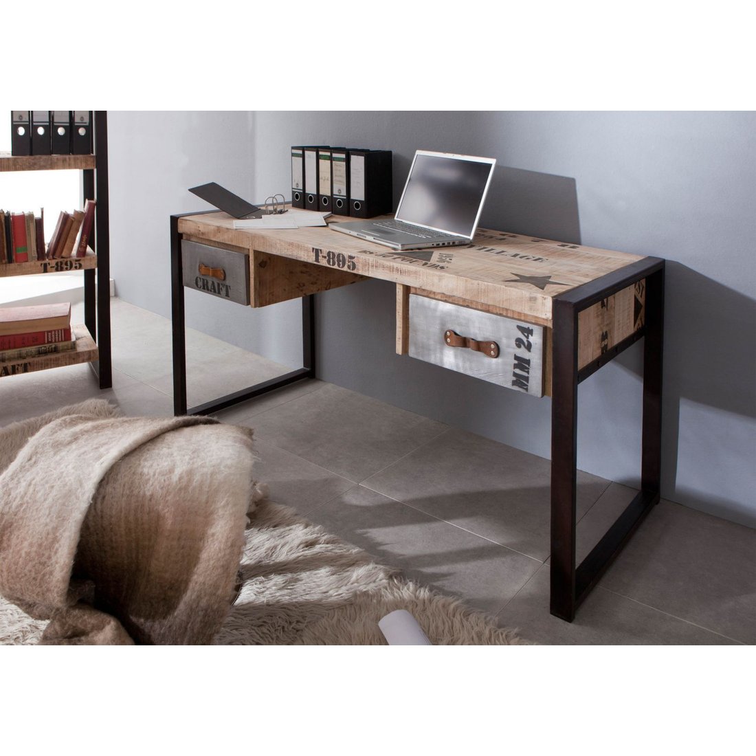 Schreibtisch Mango 150x70x76 natur bedruckt FACTORY #124 Massivmöbel24 Schreibtisch Mango natur bedruckt FACTORY