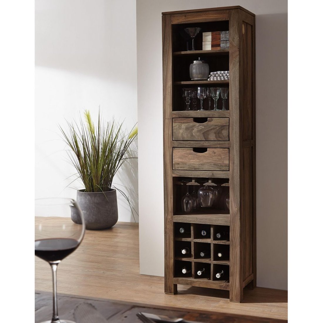 Massivmöbel24 Weinregal Sheesham grau geölt NATURE GREY