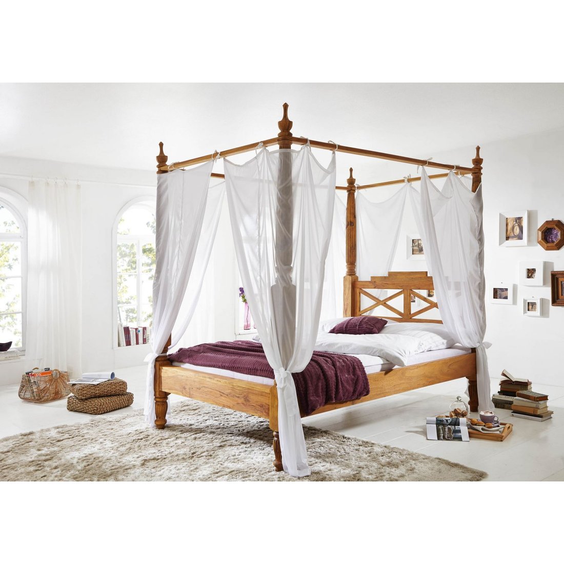 Himmelbett Sheesham 180x200x224 braun geölt NATURE BROWN #532 Massivmöbel24 Himmelbett Sheesham braun geölt NATURE BROWN