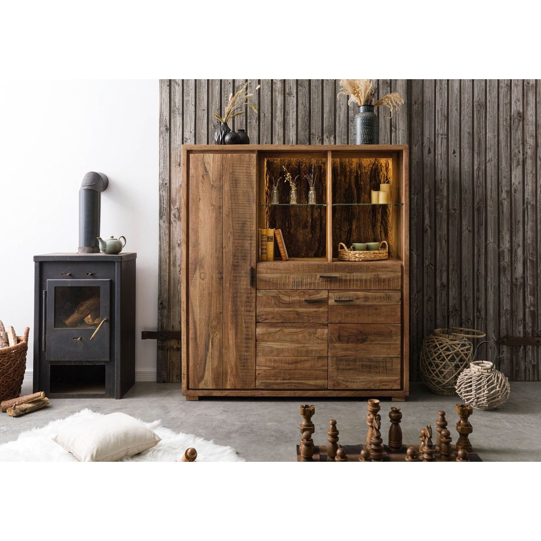 Highboard Akazie 140x40x150 natur lackiert BARK #115 Wolf Möbel Highboard Akazie natur lackiert BARK