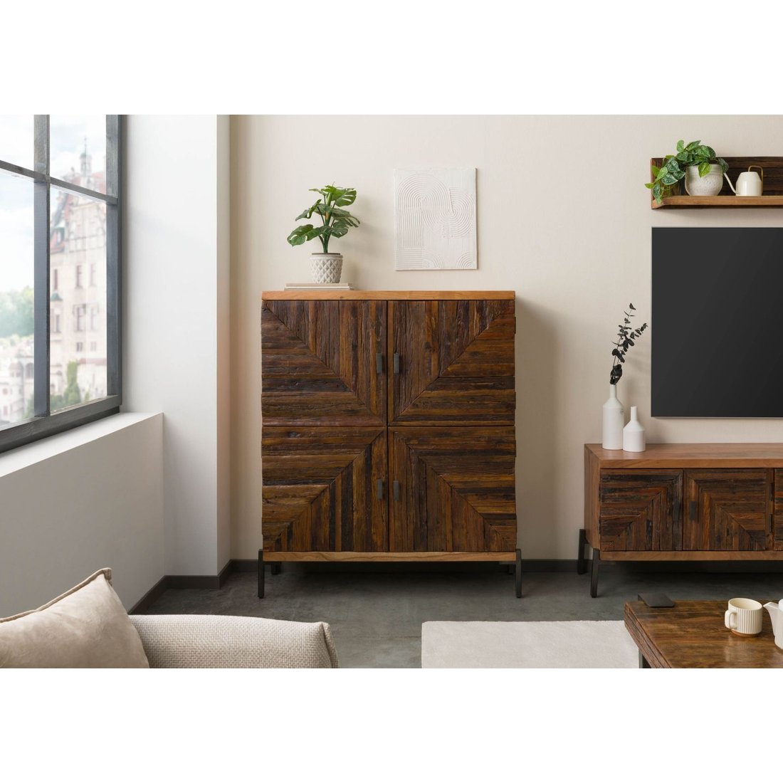 Highboard Altholz 112x40x137 natur lackiert LYON #130 Massivmöbel24 Highboard Altholz natur lackiert LYON
