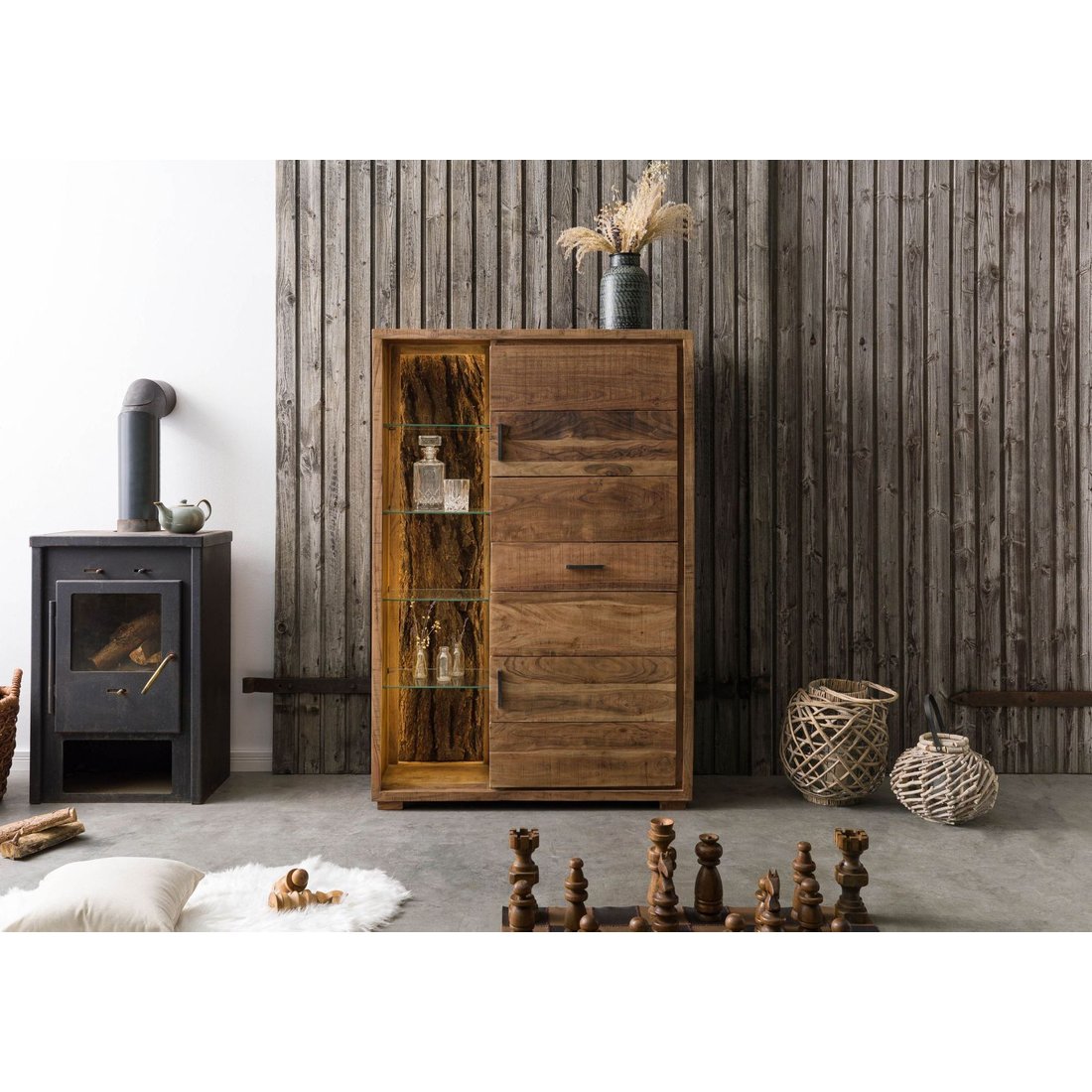 Highboard Akazie 100x40x150 natur lackiert BARK #106 Wolf Möbel Highboard Akazie natur lackiert BARK