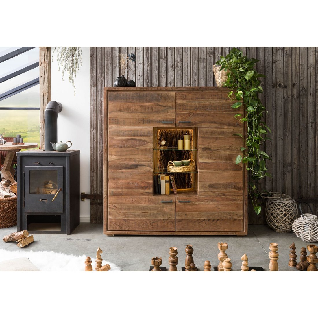 Highboard Akazie 145x40x153 natur lackiert BARK #107 Wolf Möbel Highboard Akazie natur lackiert BARK